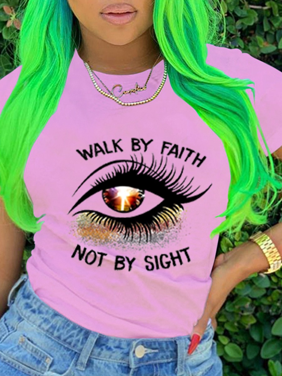 

LW Casual Round Neck Eye Letter Print Rose Color T-shirt