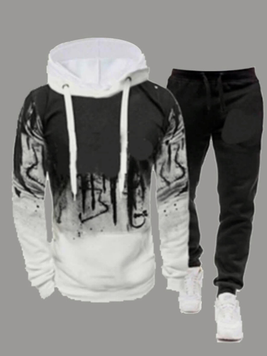 LW Men Casual Print Patchwork Drawstring White Tracksuit Set