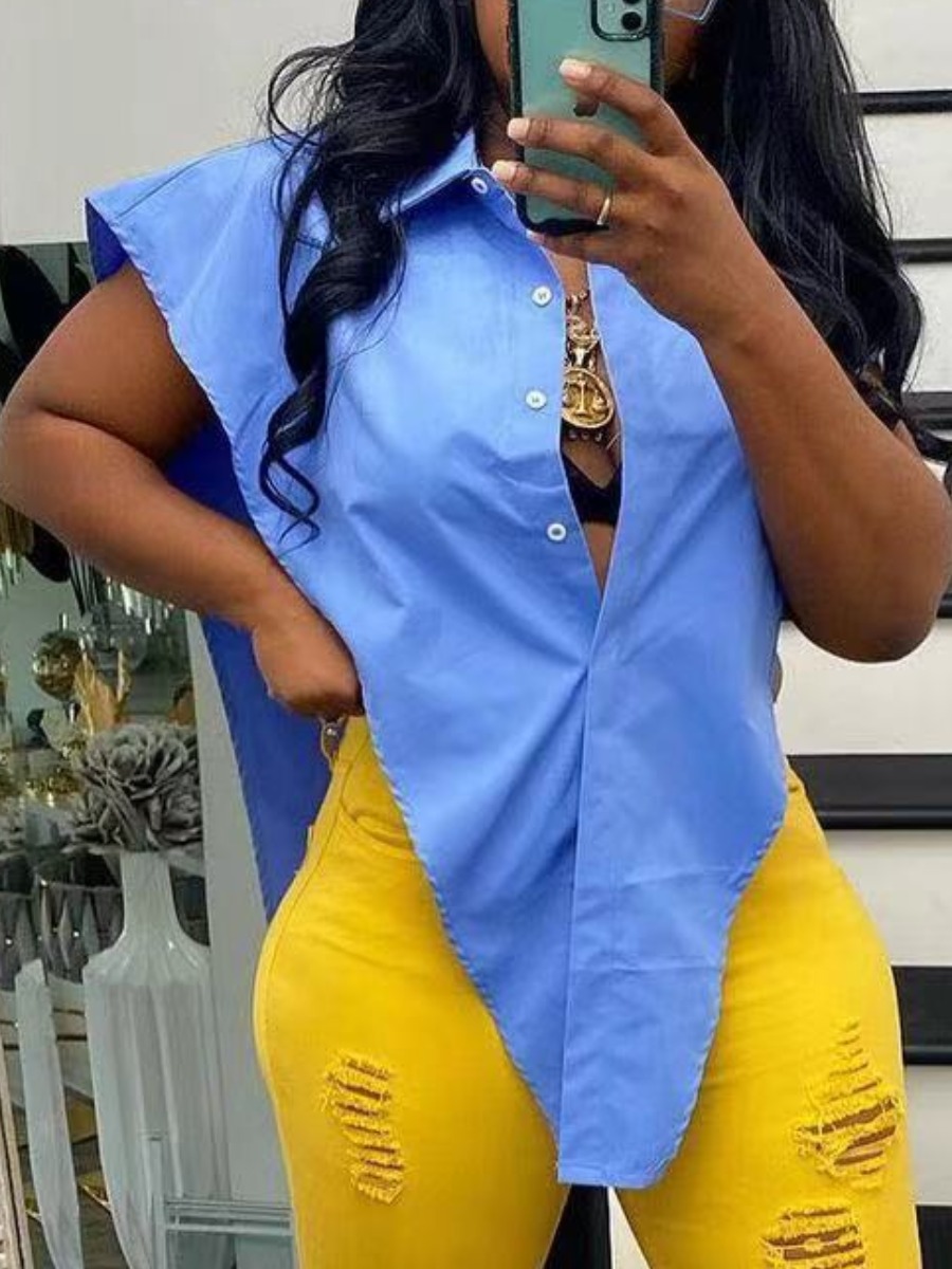 

LW Plus Size Street Turndown Collar Split Baby Blue Blouse