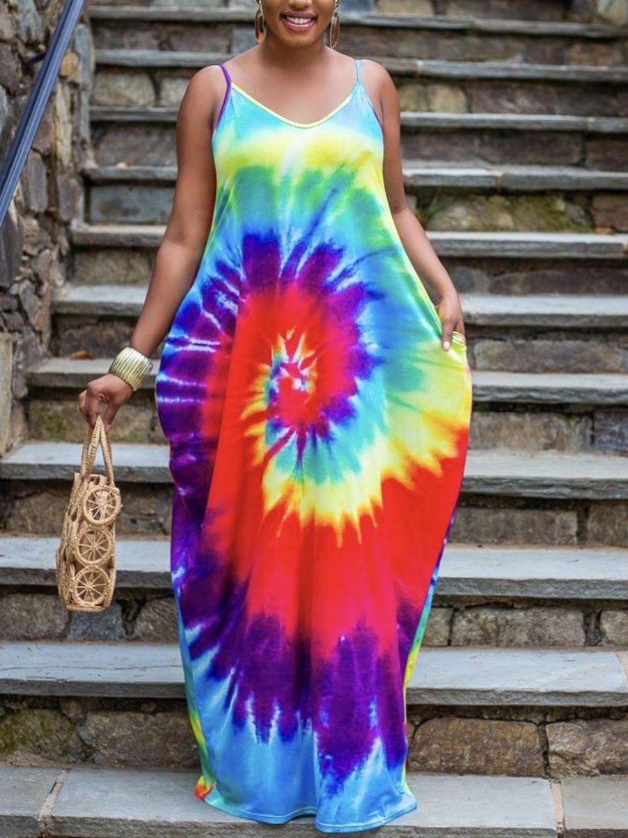 

Lovely Boho Tie-dye Pocket Design Multicolor Floor Length Dress, Multi