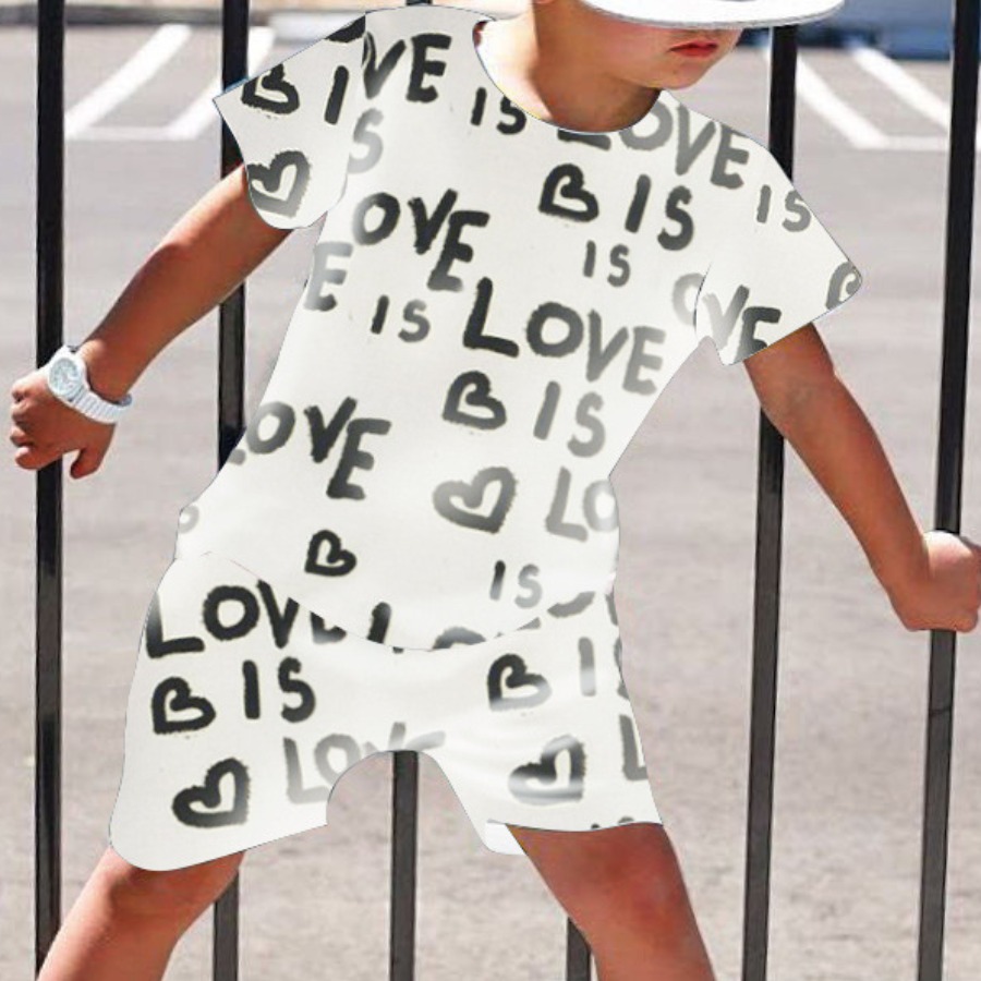 

Lovely Boy Casual Round Neck Letter Print White Two P0iece Shorts Set
