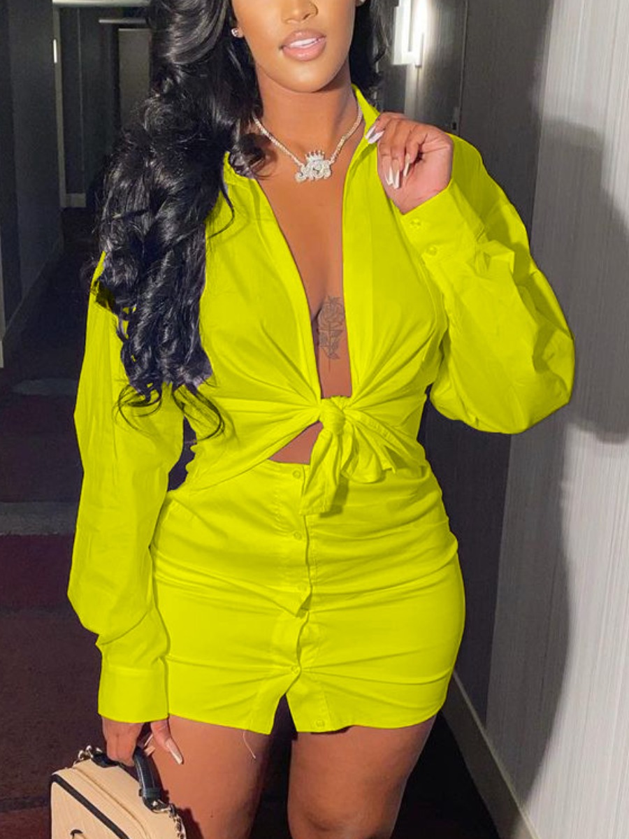 

Lovely Street Turndown Collar Button Design Yellow Two Piece Skirt Set