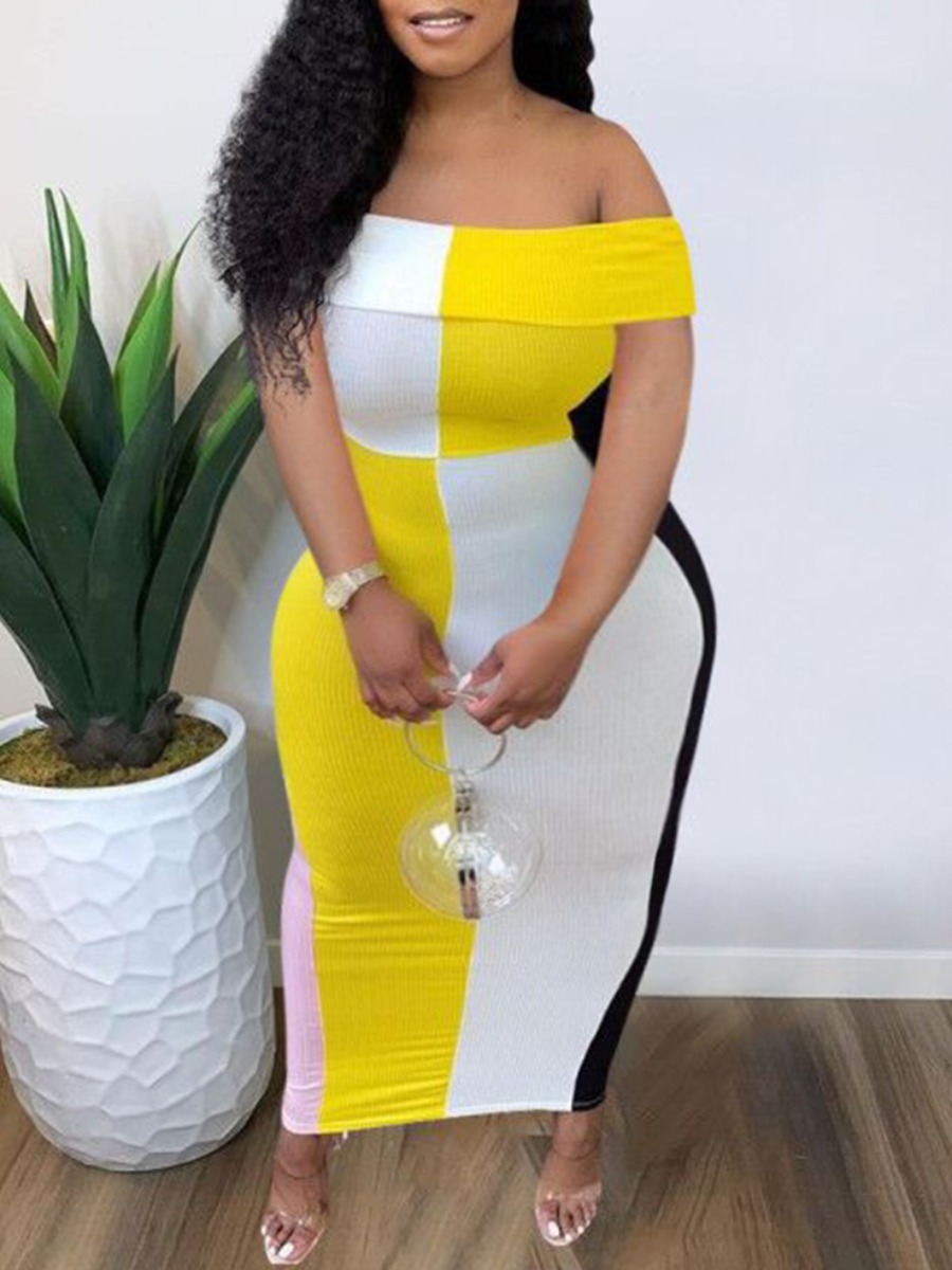 

LW Plus Size Casual Off The Shoulder Color-lump Yellow Ankle Length Dress