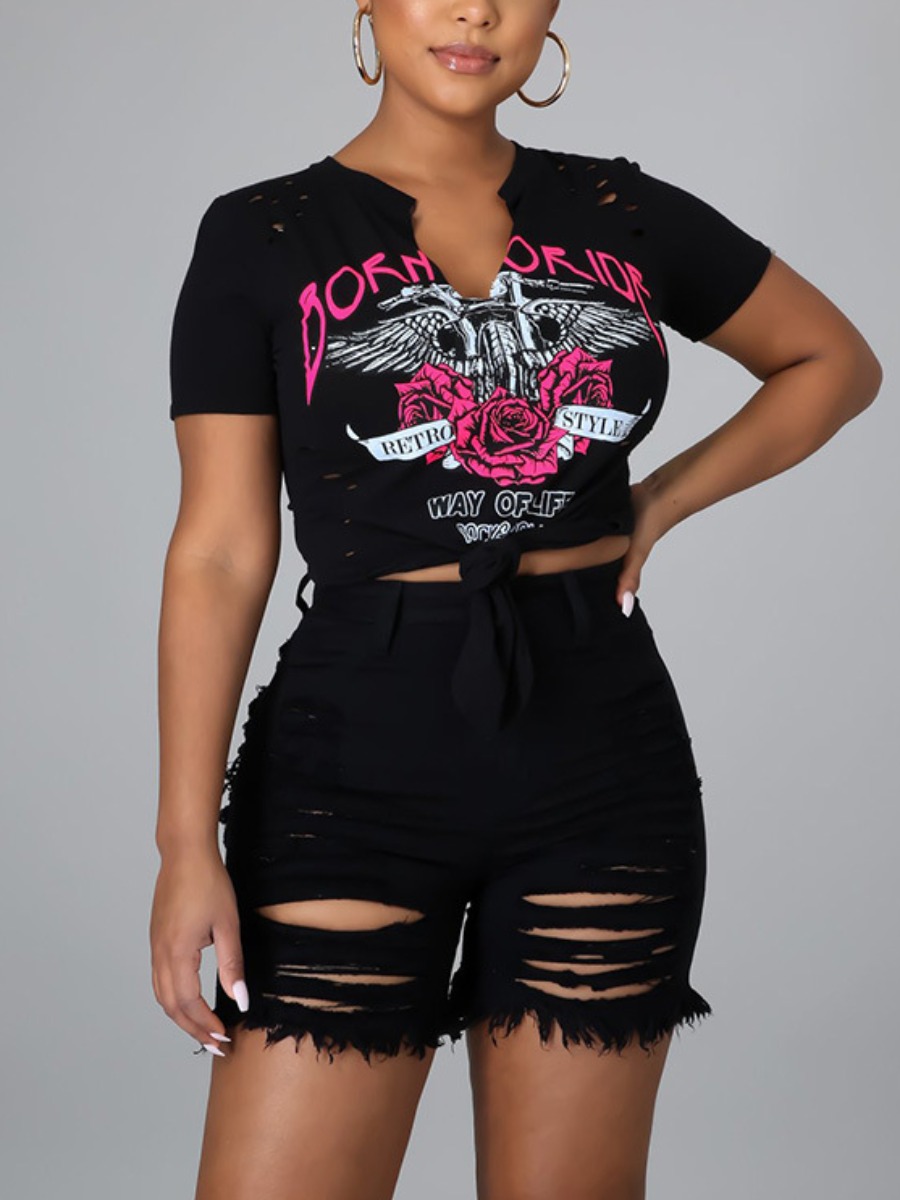 

Lovely Street Floral Letter Print Black T-shirt