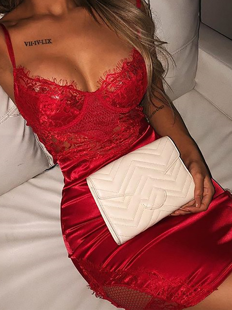 

Lovely Sexy Lace Patchwork Red Babydoll