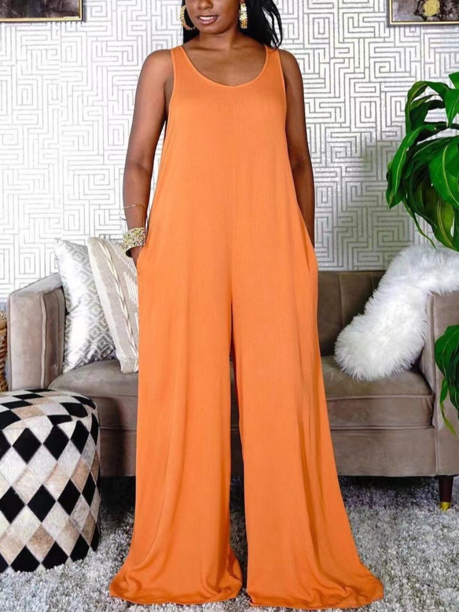 

Lovely Casual U Neck Pocket Design Orange One-piece Jumpsuit