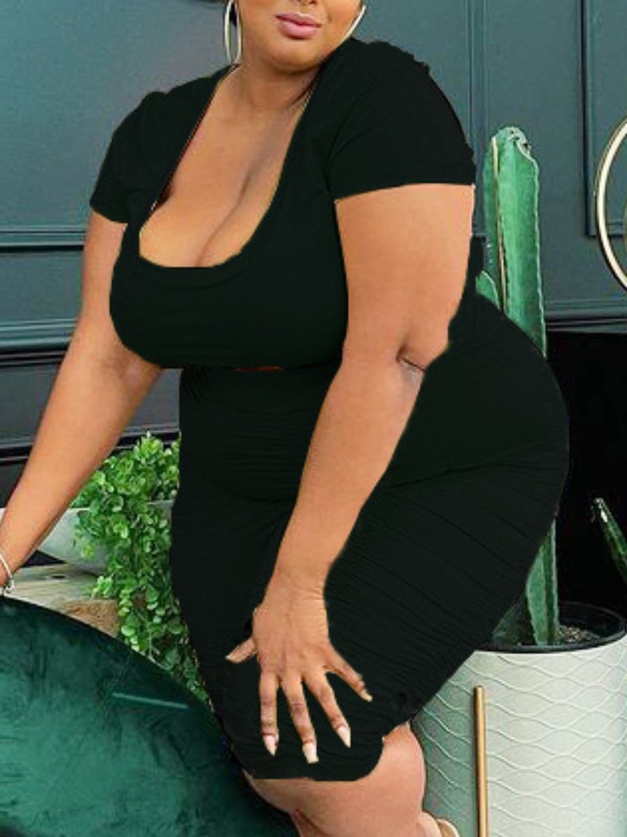 

Lovely Plus Size Casual U Neck Ruched Black Two Piece Shorts Set