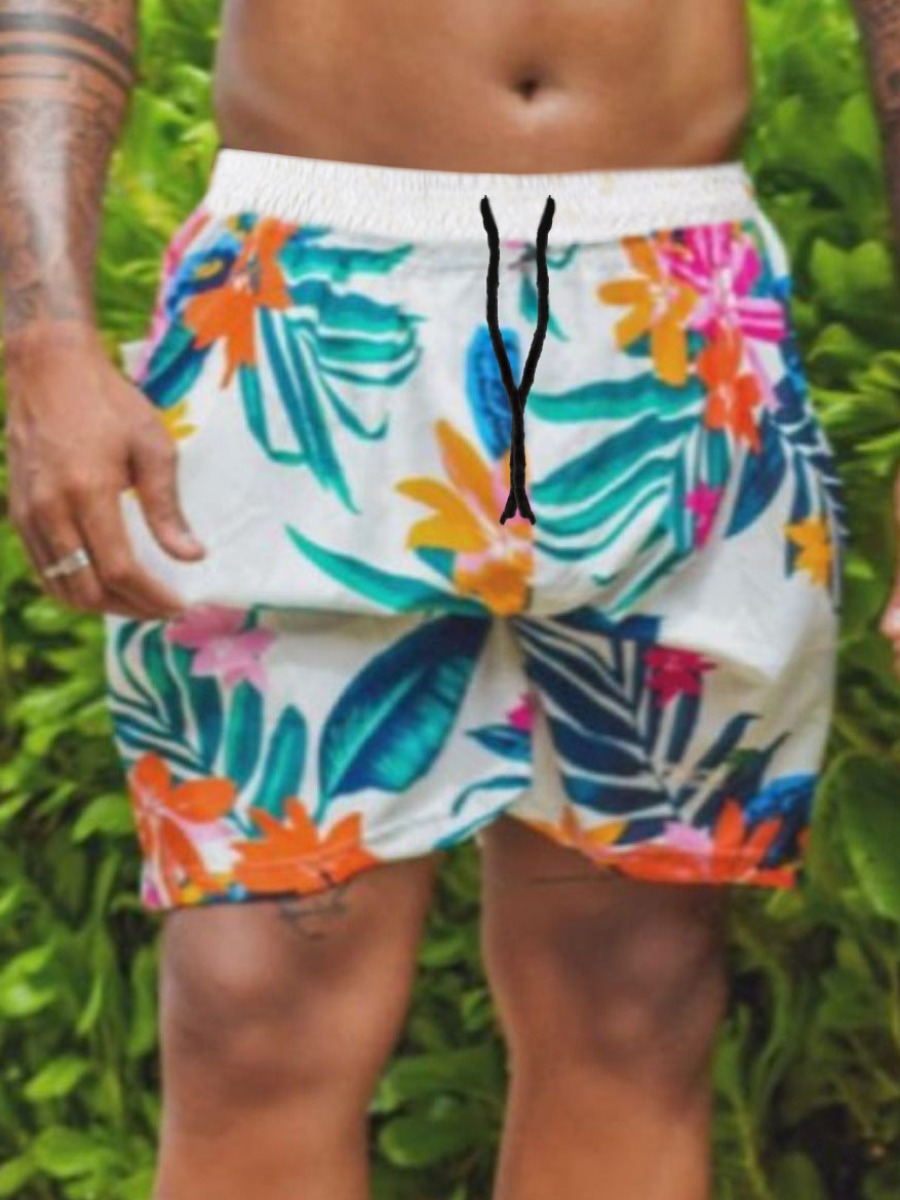 

Lovely Men Boho Floral Print Patchwork White Swimming Trunk