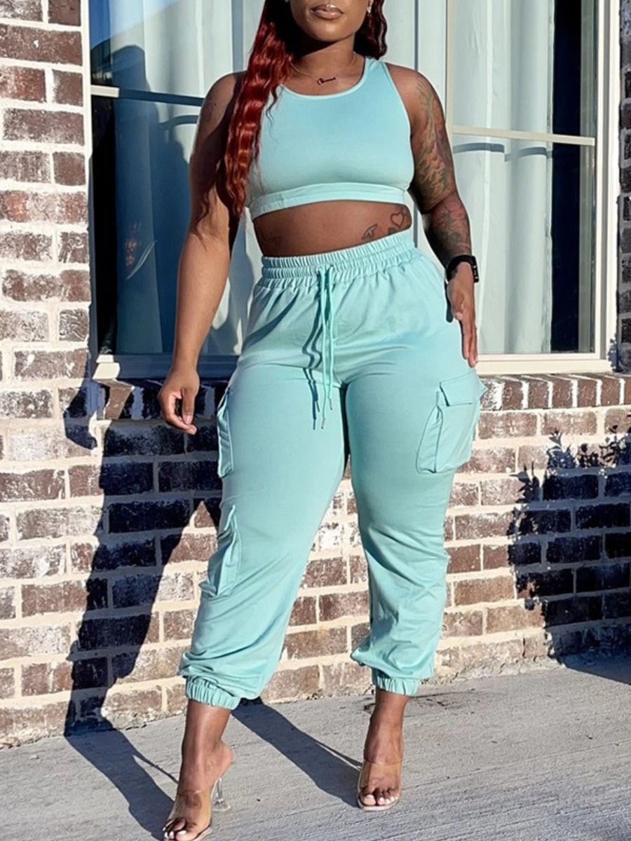 

LW Street Side Pocket Drawstring Green Two Piece Pants Set