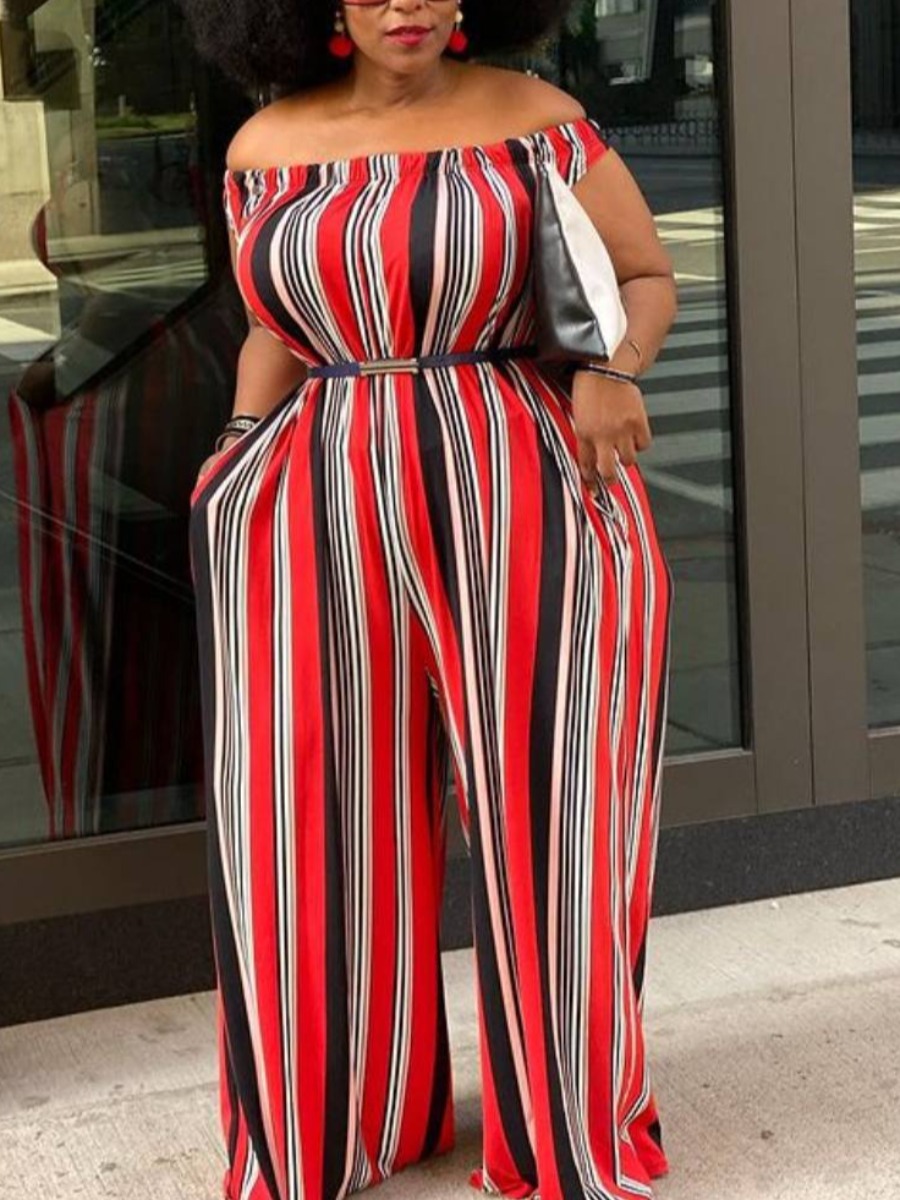 

LW Plus Size Boho Off The Shoulder Striped Red One-piece Jumpsuit