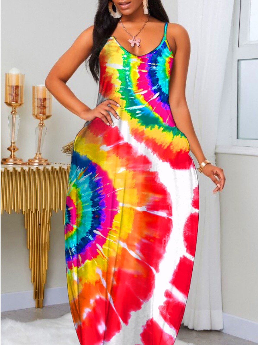

Lovely Boho U Neck Tie-dye Red Floor Length Dress