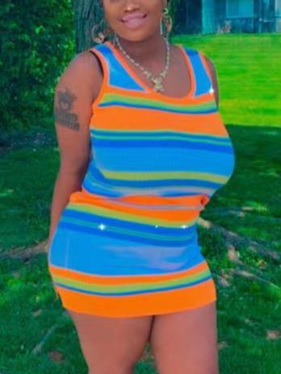 

LW Plus Size Casual U Neck Striped Blue Mini Dress