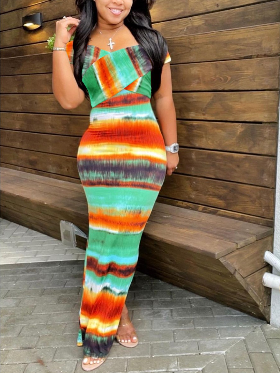 

Lovely Boho Off The Shoulder Tie-dye Croci Ankle Length Dress