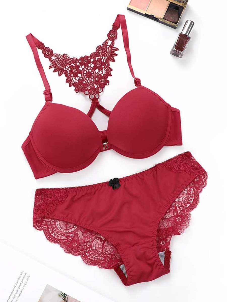 Lovely Sweet See-through Floral Decoration Red Bra Set