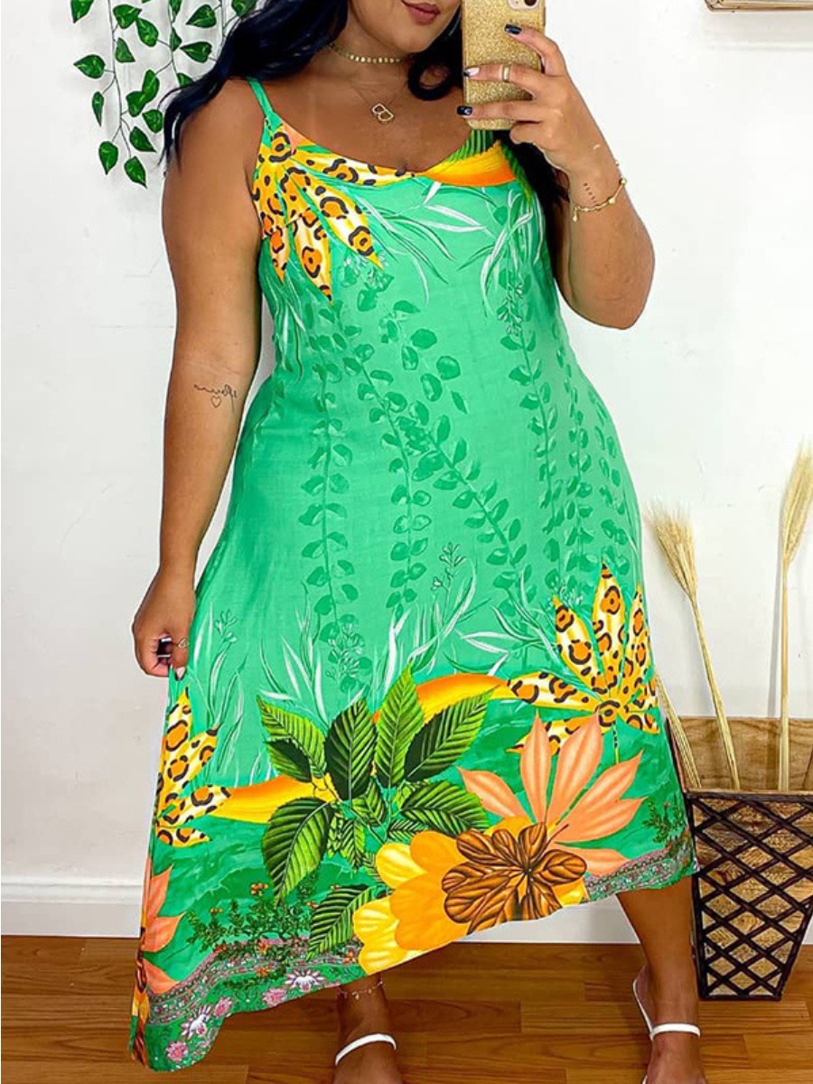 Lovely Plus Size Boho U Neck Floral Print Green Ankle Length Dress