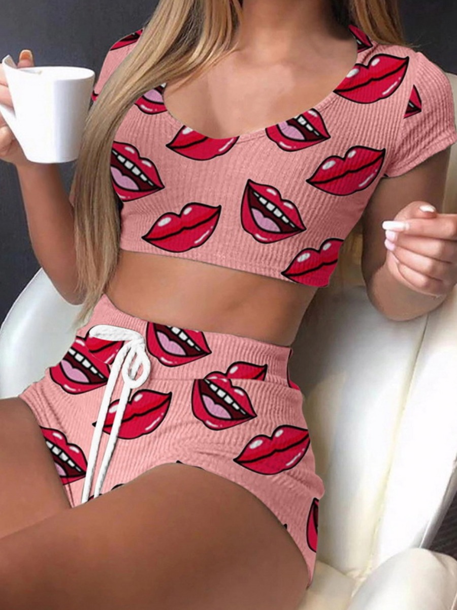 

LW Casual Lip Print Drawstring Pink Sleepwear