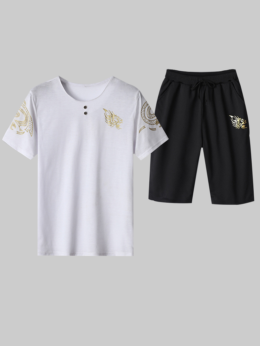 

Lovely Men Casual Round Neck Print Drawstring White Two Piece Shorts Set