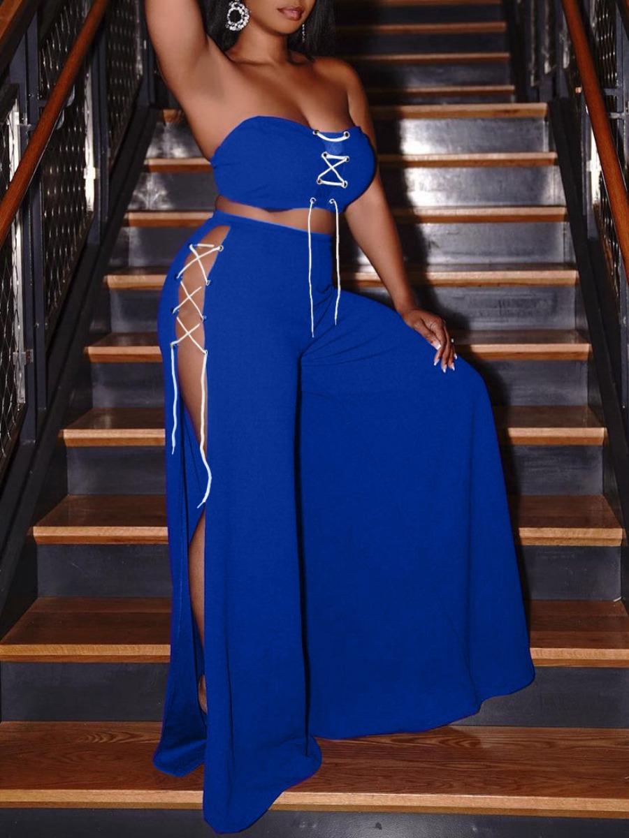 

LW Sexy Bandage Design Split Blue Two Piece Pants Set