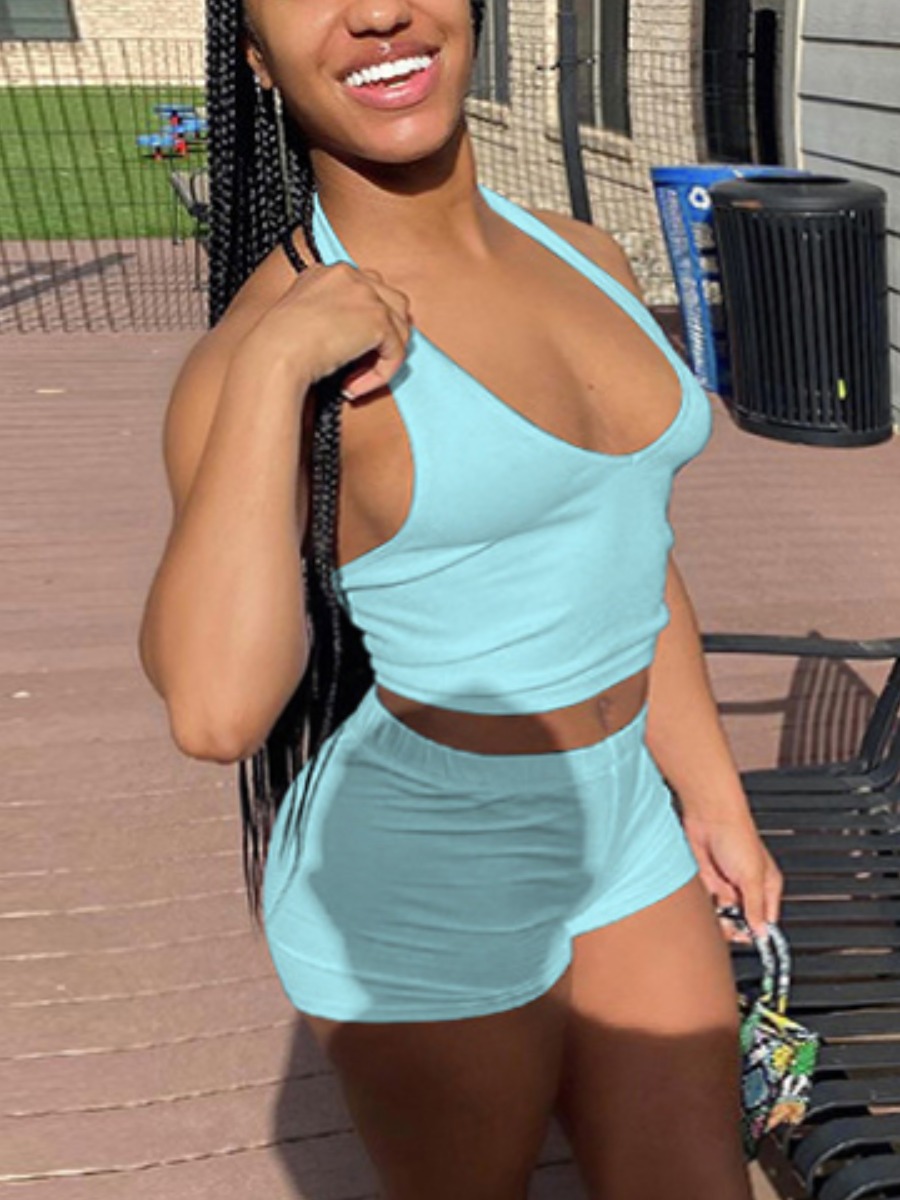 

Lovely Sporty U Neck Skinny Blue Two Piece Shorts Set