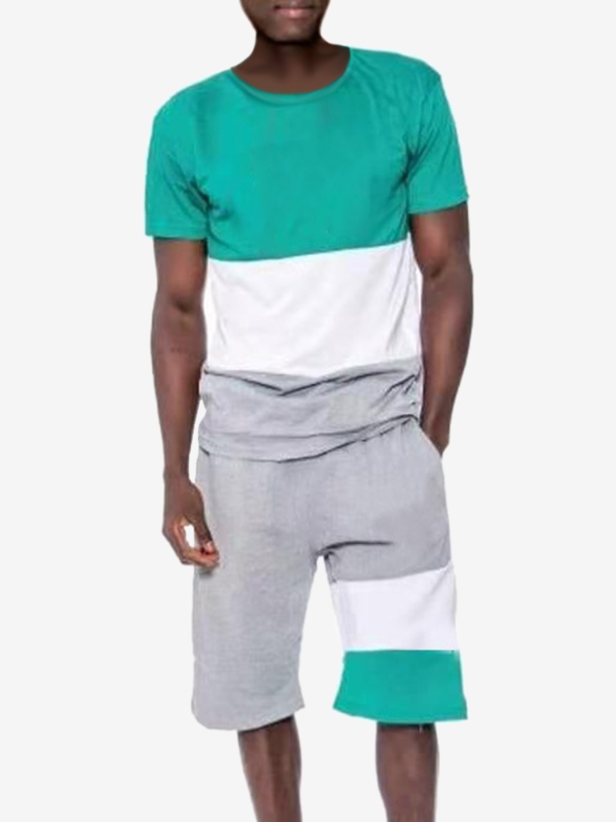 

Lovely Men Casual Round Neck Color-lump Light Green Two Piece Shorts Set
