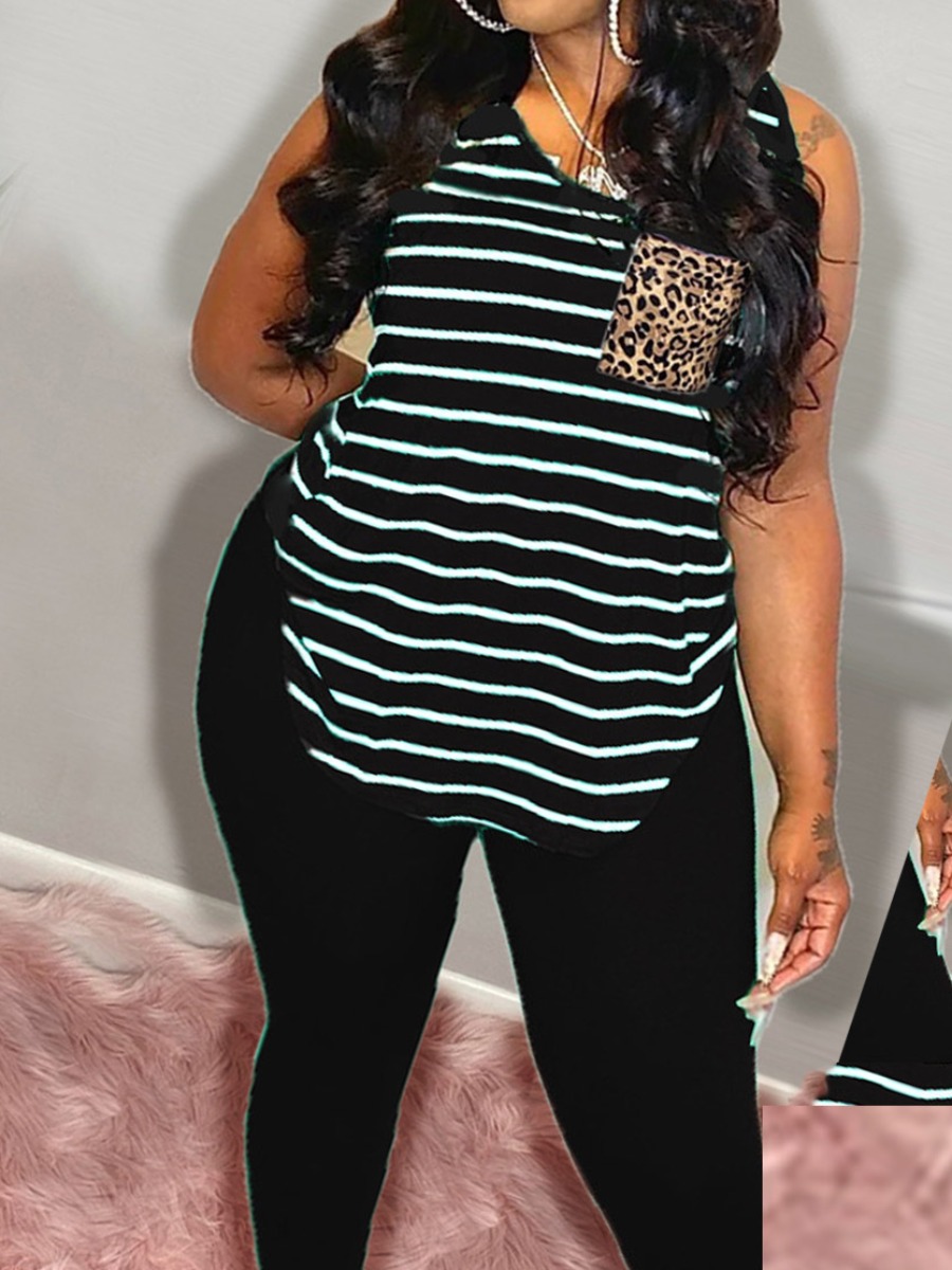 

Lovely Plus Size Casual Round Neck Striped Black Two-piece Pants Set