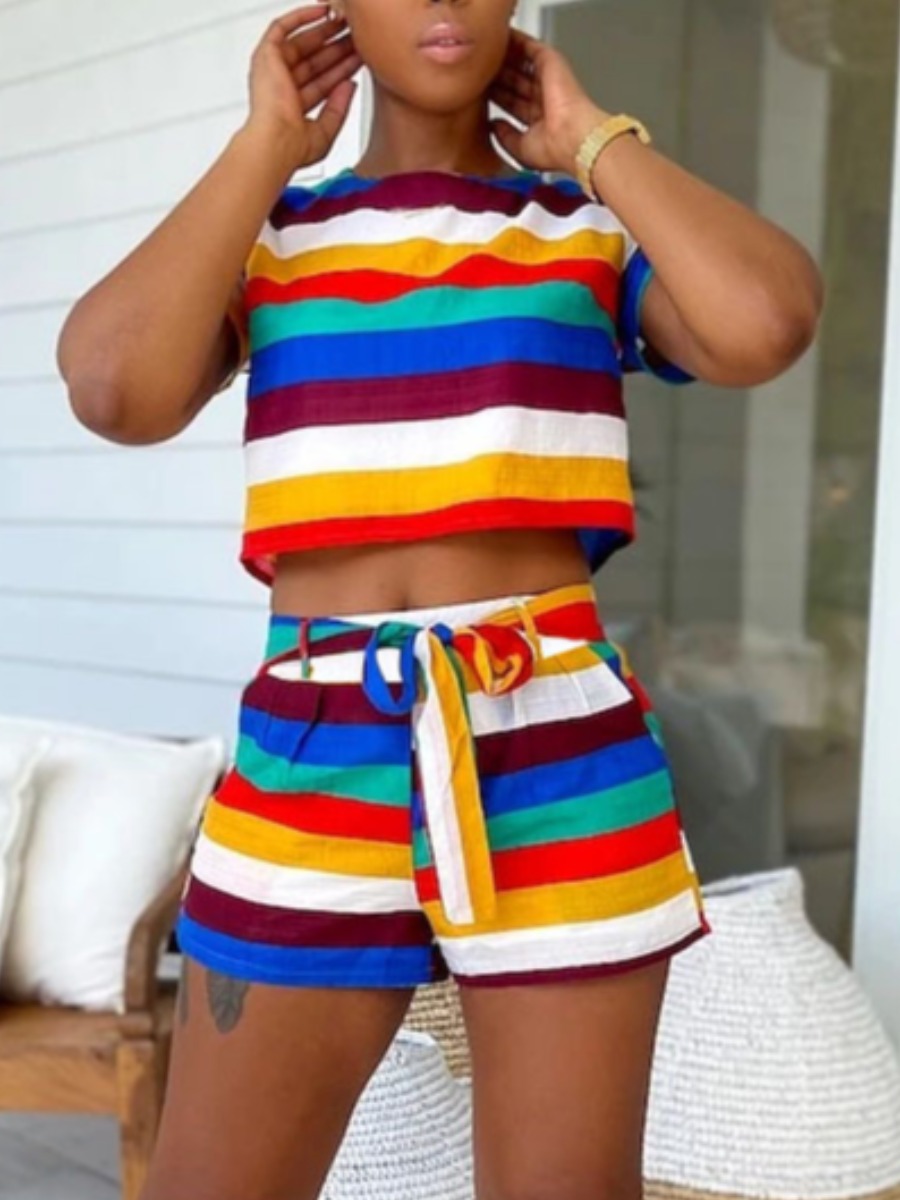 

LW Casual Striped Drawstring White Two Piece Shorts Set