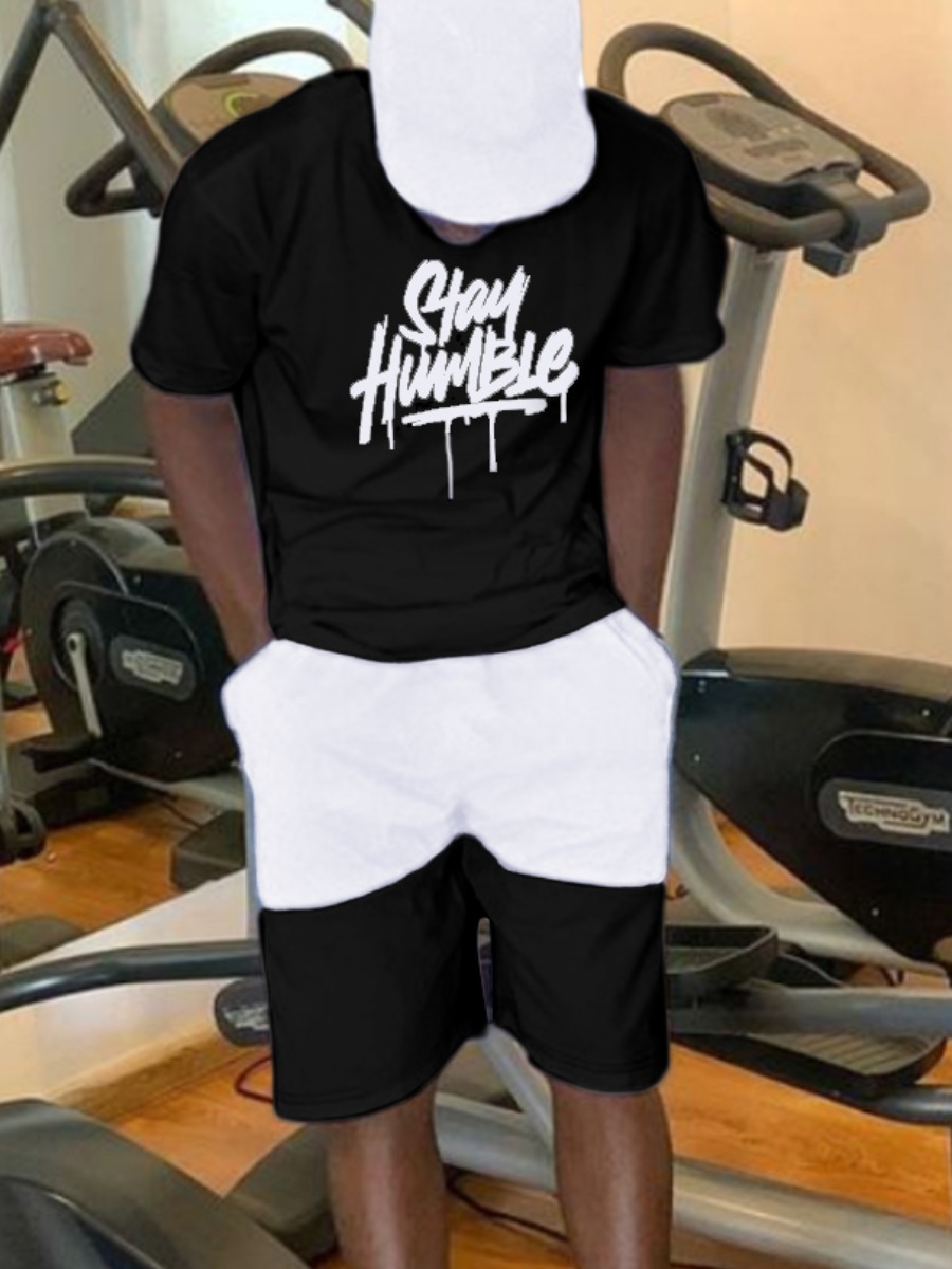 LovelyWholesale Men Letter Print Drawstring Shorts Set Summer Short Sleeve Casual Letter Round Neck Spring Summer 2024