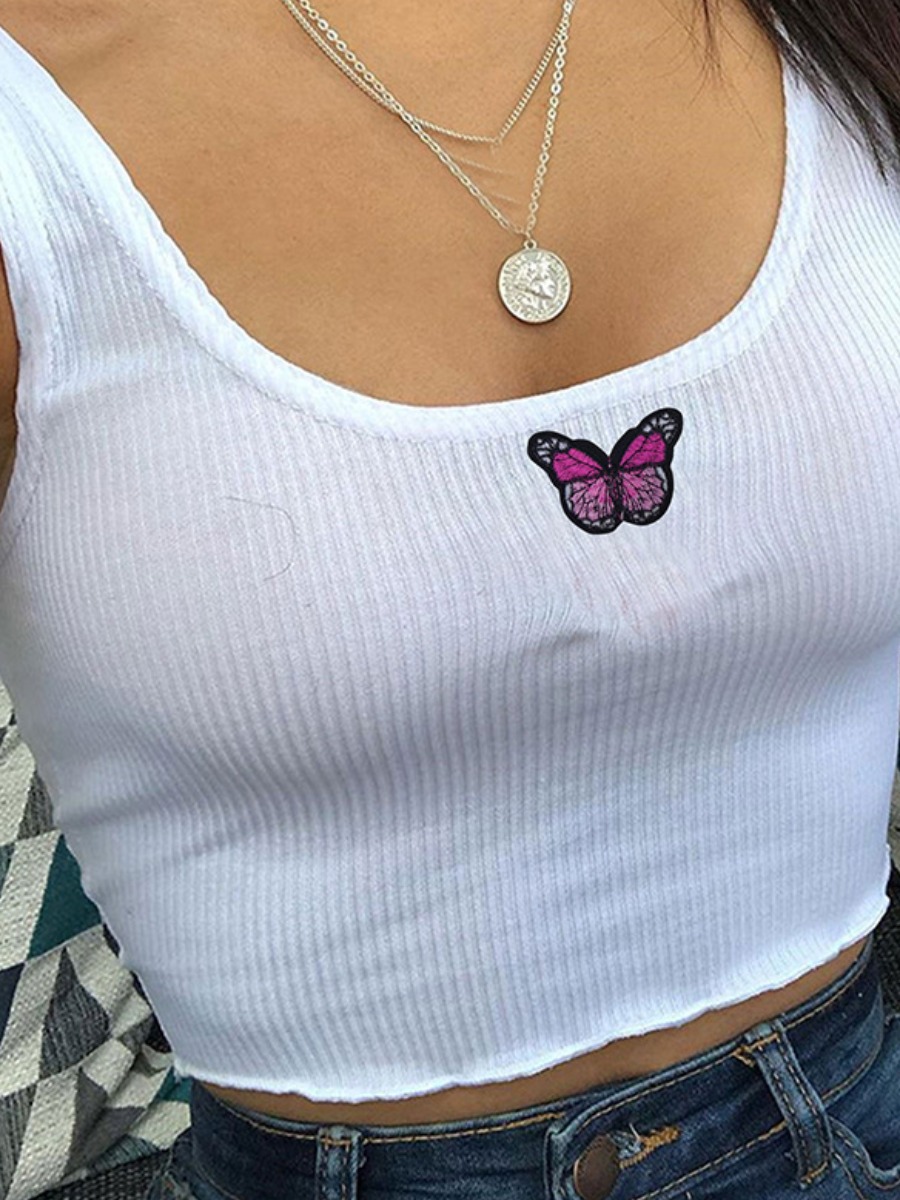 

Lovely Casual Rib-Knit Butterfly Decoration White Camisole