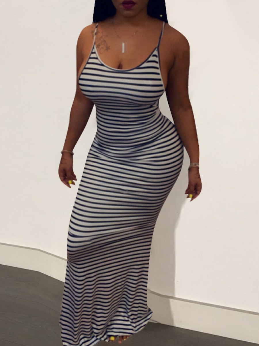 

Lovely Sexy Striped Backless Black Floor Length Dress, Black stripe