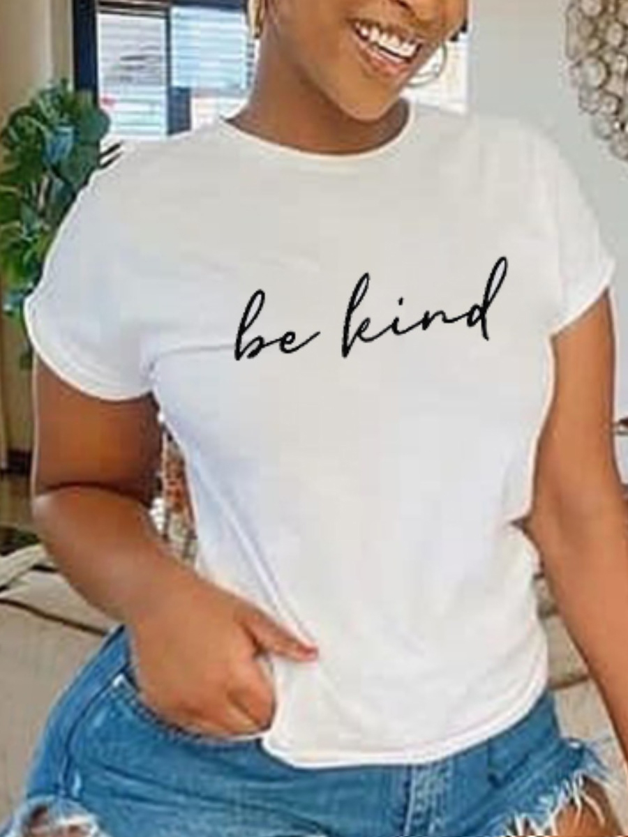 

Lovely Plus Size Casual Round Neck Letter Print White T-shirt