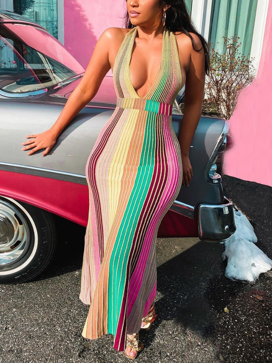 

LW Sweet Backless Striped Pleated Multicolor Ankle Length Dress, Multi