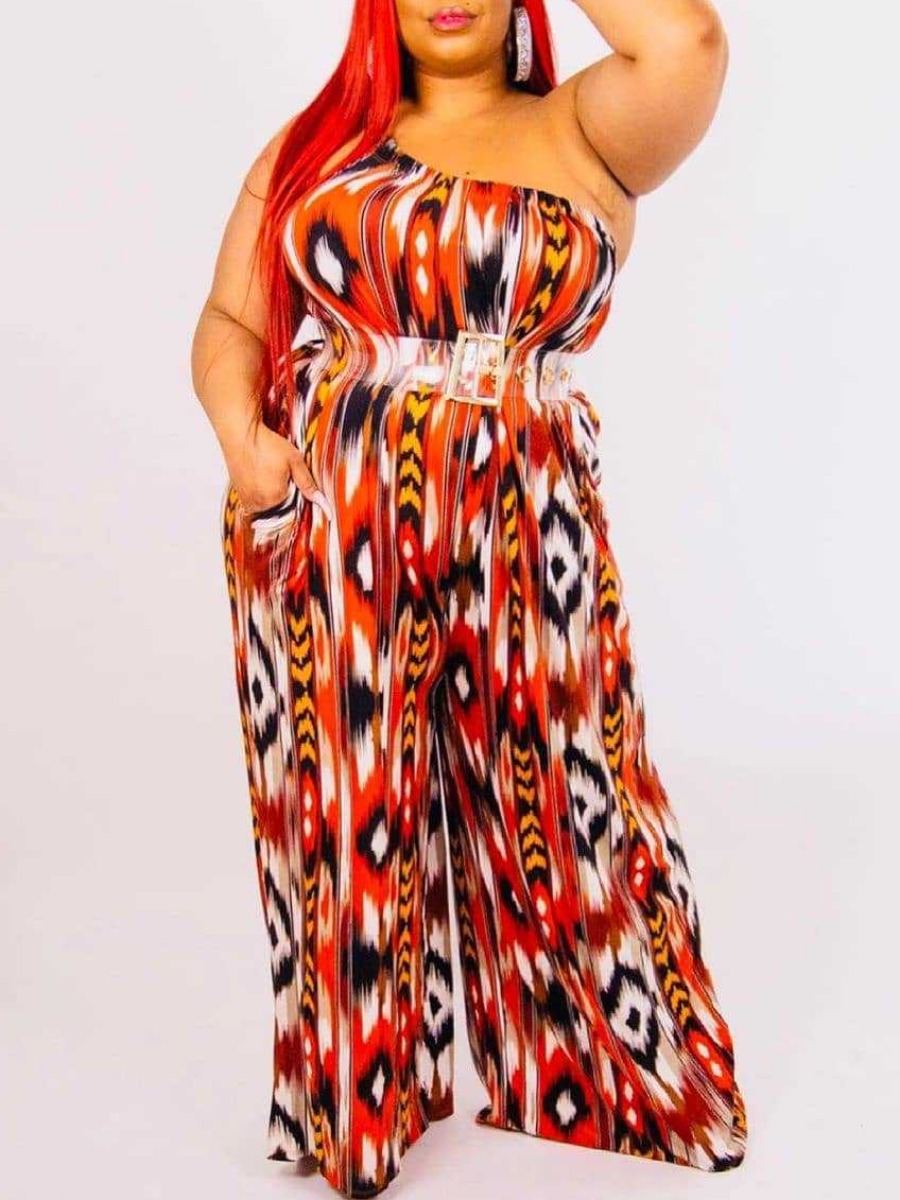 

Lovely Plus Size Street One Shoulder Animal Print Orange Red One-piece Jumpsuit