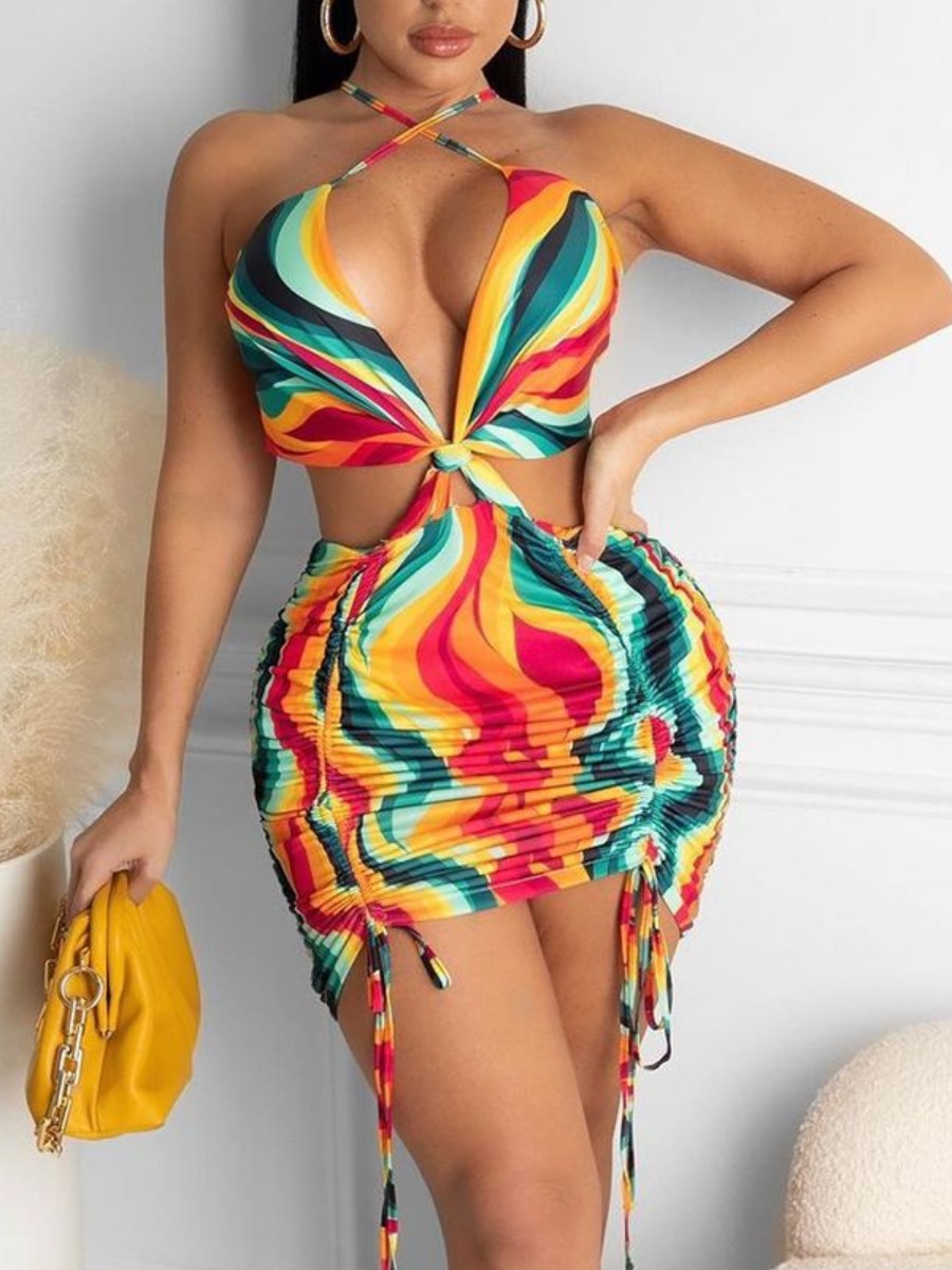 

Lovely Sexy Striped Hollow-out Drawstring Croci Mini Dress