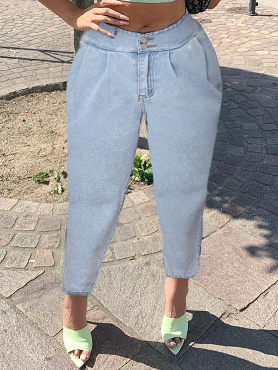 

Lovely Casual High-waisted Nonelastic Baby Blue Jeans