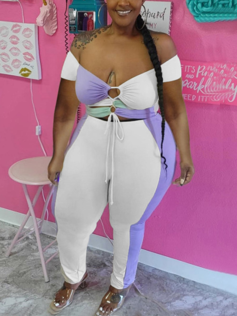 

Lovely Plus Size Casual Off The Shoulder Bandage Design Light Purple Two-piece Pants Set