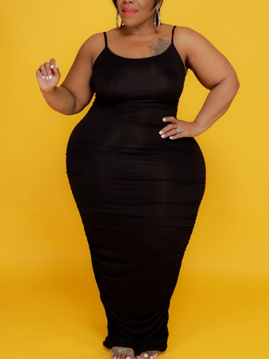 

Lovely Plus Size Casual Spaghetti Strap Fold Design Black Ankle Length Dress