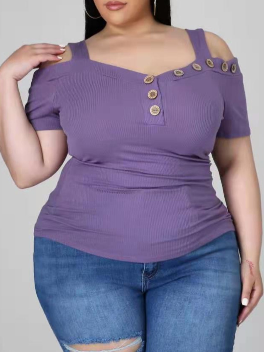 

Lovely Plus Size Casual Hollow-out Button Design Purple T-shirt