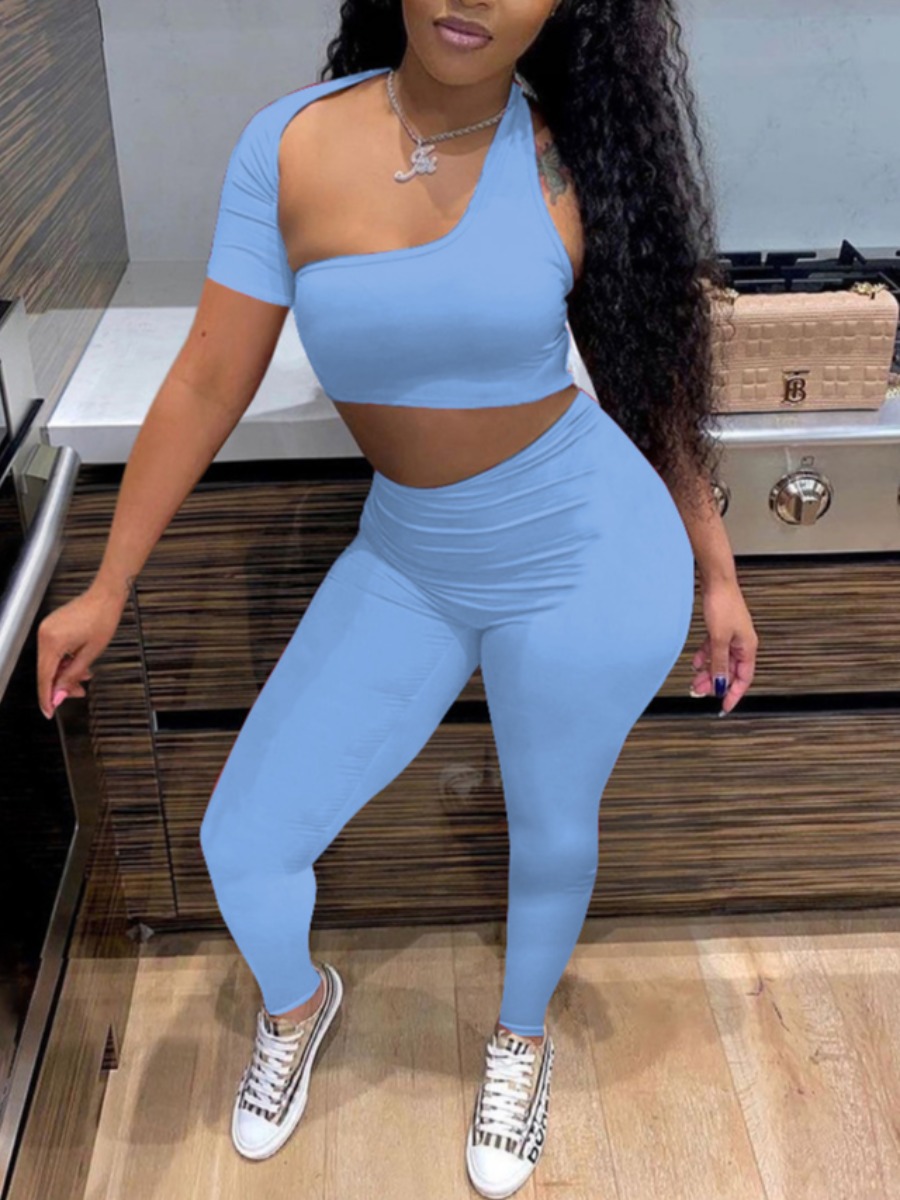 

LW Street Asymmetrical Basic Skinny Blue Two Piece Pants Set