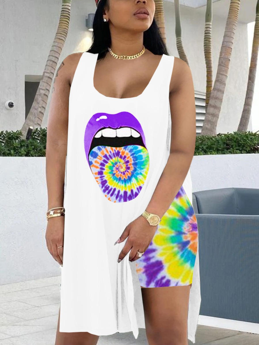 

Lovely Street Lip Print Split Purple Two Piece Shorts Set