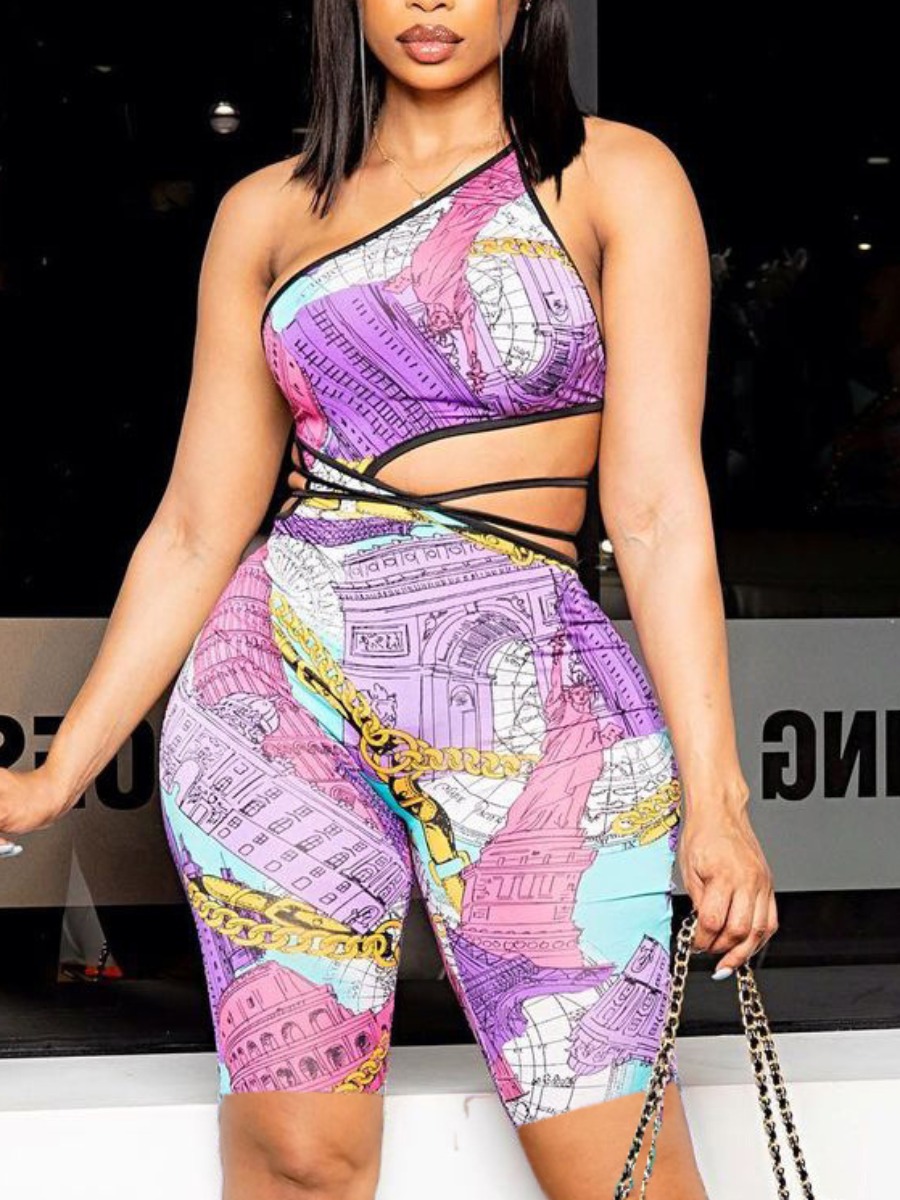 

Lovely Street One Shoulder Chain Print Multicolor One-piece Romper, Multi