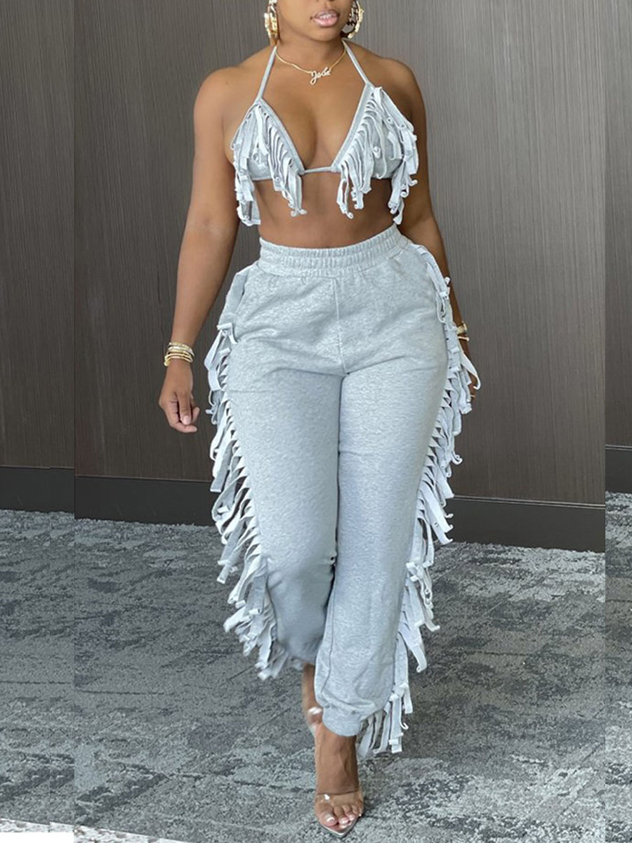 

LW SXY Bandage Tassel Design Grey Two Piece Pants Set