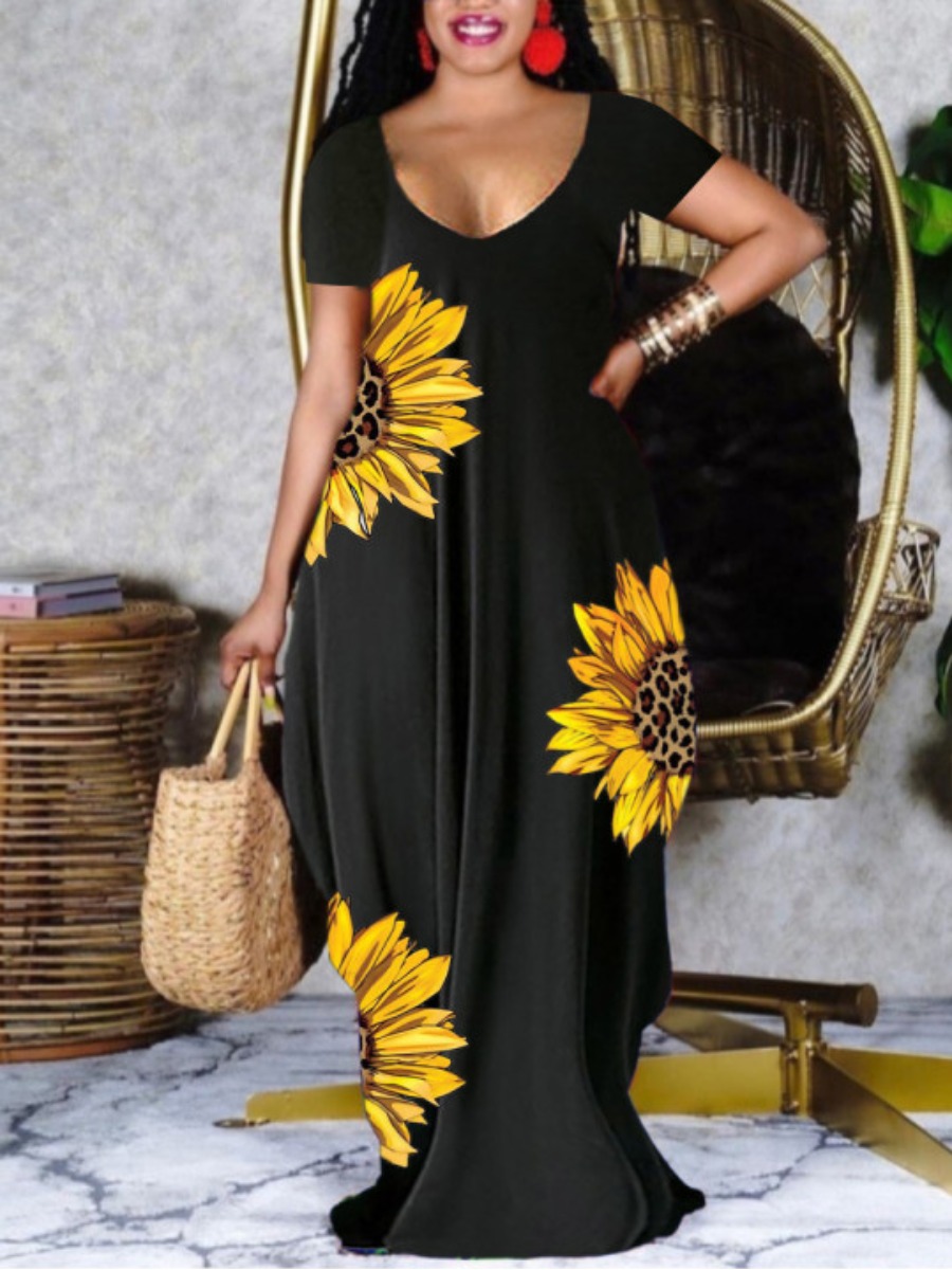 LW Plus Size Sunflower Casual U Neck Floral Print Black Floor Length ...