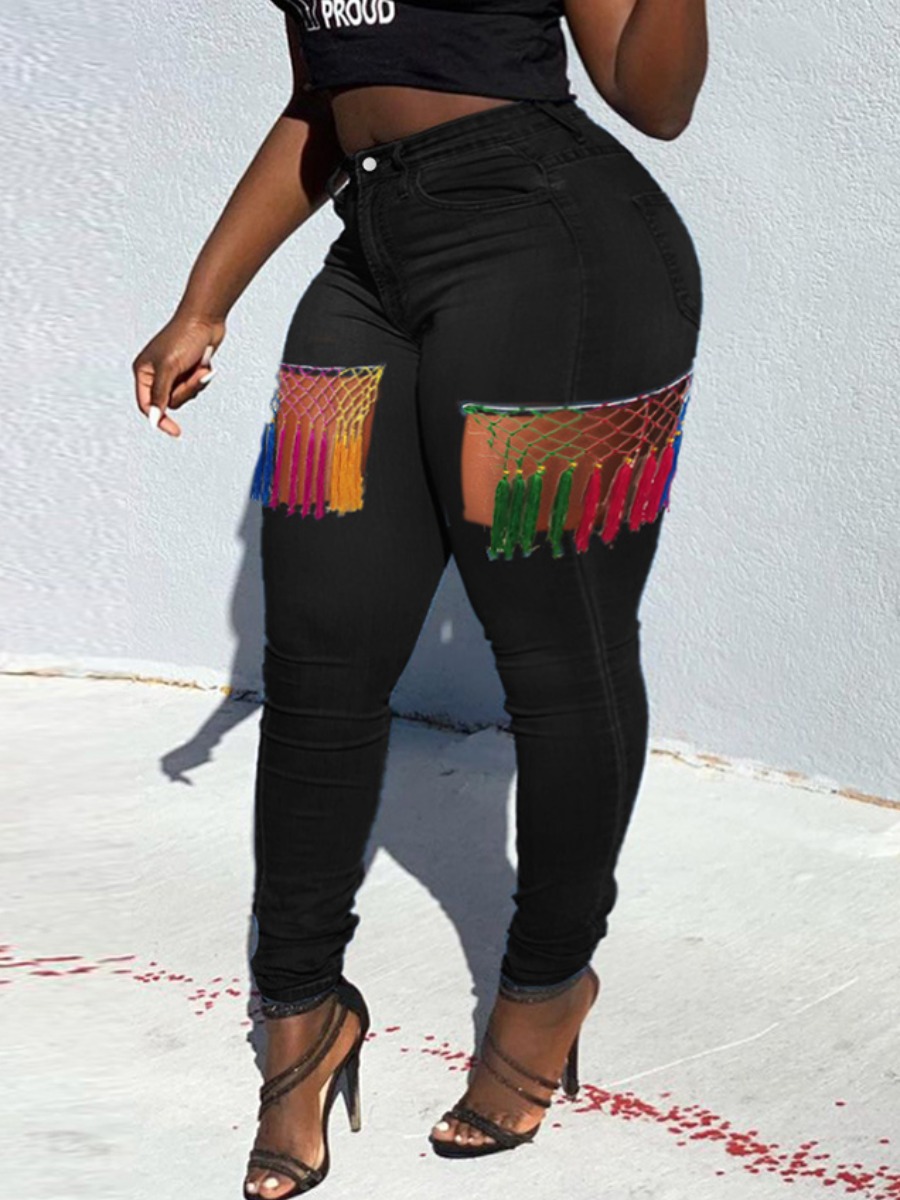

LW Plus Size Hollow-out Tassel Design Black Jeans