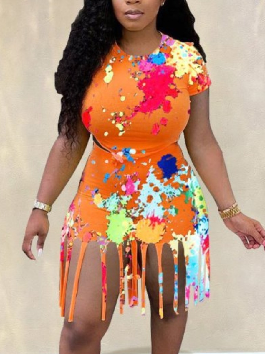 

Lovely Plus Size Street Splash-ink Tassel Design Croci Two-piece Shorts Set