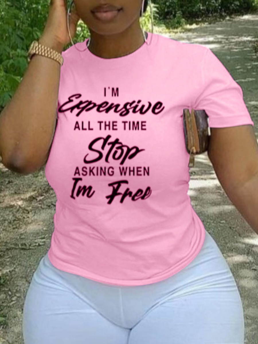 

Lovely Plus Size Casual Round Neck Letter Print Pink T-shirt