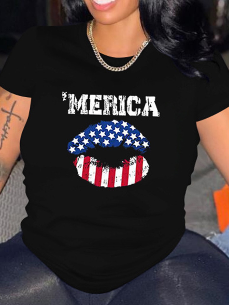 

LW Plus Size Casual Lip Letter Print Black T-shirt