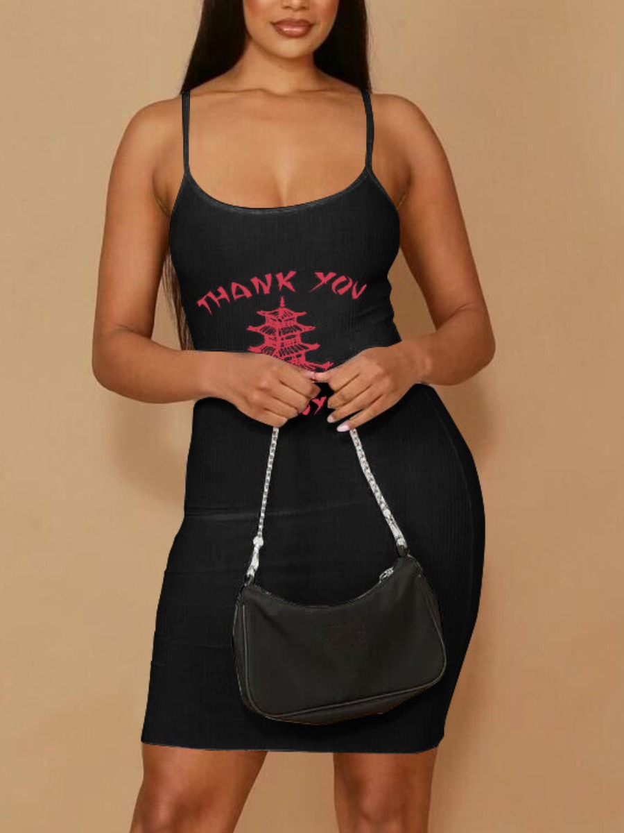 

Lovely Casual Spaghetti Strap Letter Print Black Mini Dress