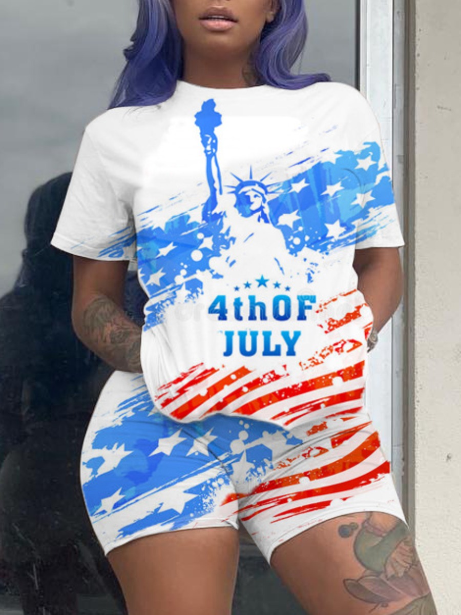 

LW Casual American Flag Letter Print White Two Piece Shorts Set
