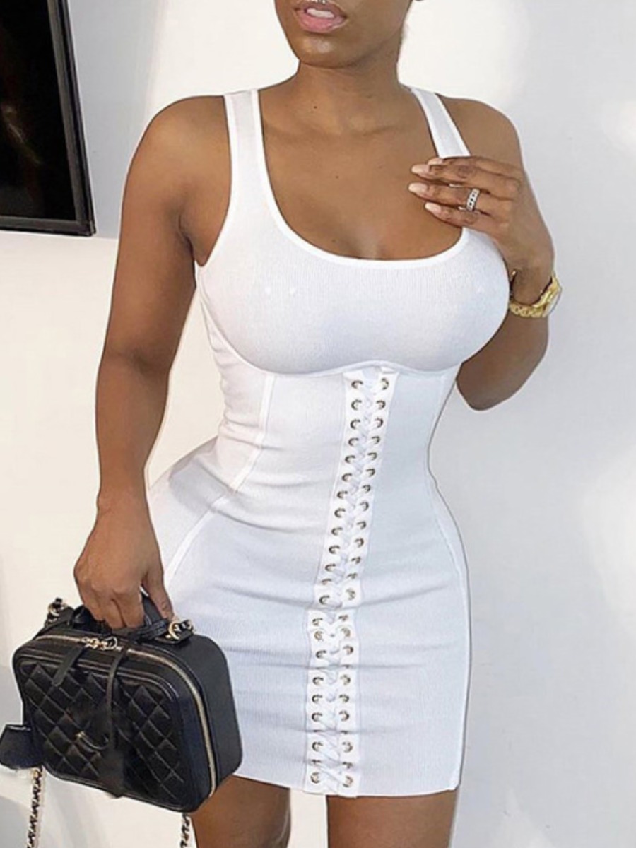 

Lovely Casual U Neck Bandage Design White Mini Dress