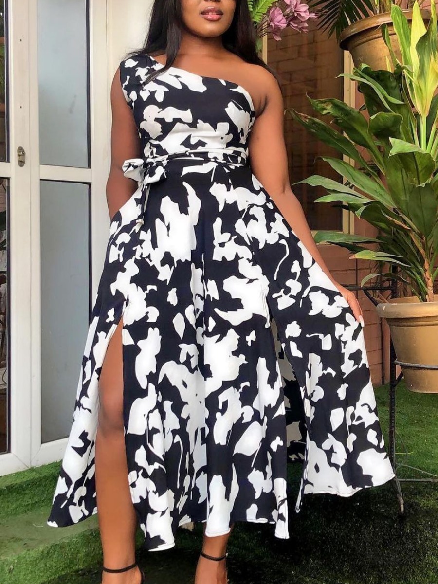 

Lovely Sexy One Shoulder Print Slit Black Ankle Length A Line Dress